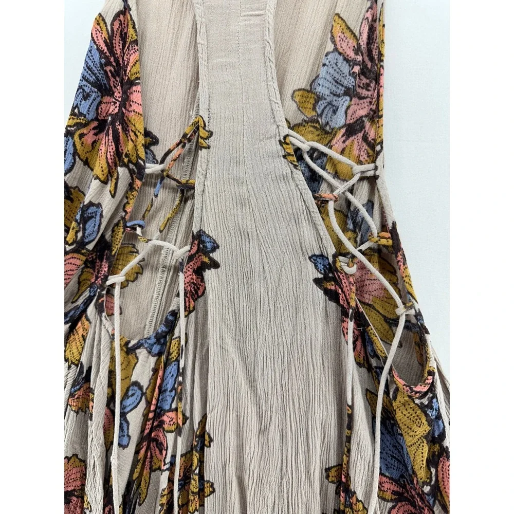 Free People Floral Lace Up Side Mini Dress Taupe Boho Sleeveless Size S